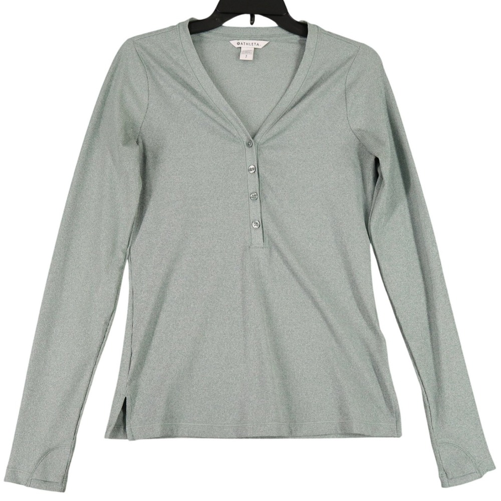 Athleta Uptempo Ribbed Henley Top‎ Womens S Green Long Sleeve Stretch Casual